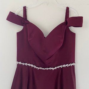 Off-shoulder satin A-line bridesmaid dress, Burgundy